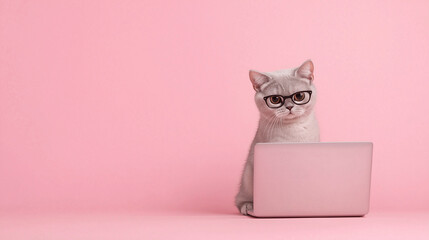 ピンクの背景でメガネをかけてパソコンに向かうかわいい猫のイラスト