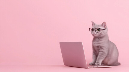 ピンクの背景でメガネをかけてパソコンに向かうかわいい猫のイラスト