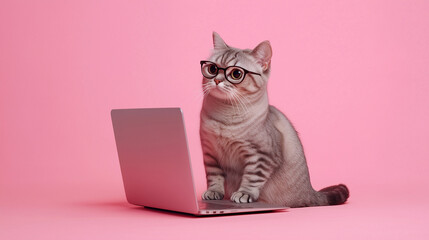 ピンクの背景でメガネをかけてパソコンに向かうかわいい猫のイラスト