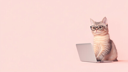 ピンクの背景でメガネをかけてパソコンに向かうかわいい猫のイラスト