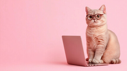 ピンクの背景でメガネをかけてパソコンに向かうかわいい猫のイラスト