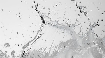A clear splash of sparkling water, droplets flying against a pristine white backdrop.