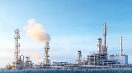 Industrial Plant with Smoke Stacks Under a Blue Sky