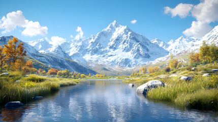 Fototapeta premium Autumnal mountain lake, clear sky, scenic valley