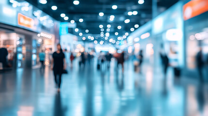 An expo or convention background featuring blurred individuals in an exposition hall, representing an international exhibition or conference.