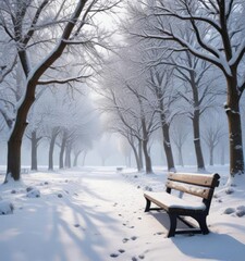 Snow covered trees and bench in cold winter scenery, arctic landscape, frost-touched, icy wonderland