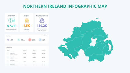 Fototapeta premium Business Growth Infographic Map of Northern Ireland. Orders, Customers, Sales Overview & product Infographic Map of Northern Ireland. Easy to edit