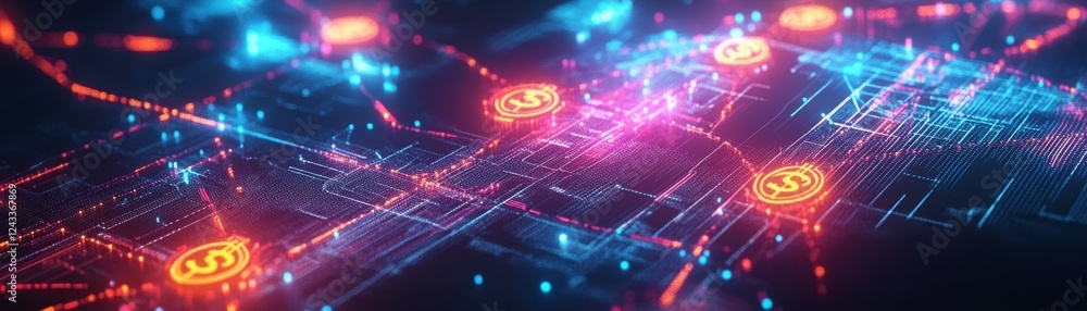 Poster a vibrant digital landscape showcasing interconnected nodes and glowing symbols, representing data f