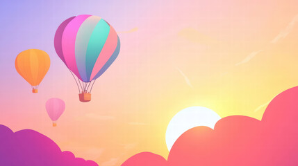 Colorful hot air balloons float against vibrant sunset sky, creating serene and joyful atmosphere. scene captures beauty of adventure and freedom in sky