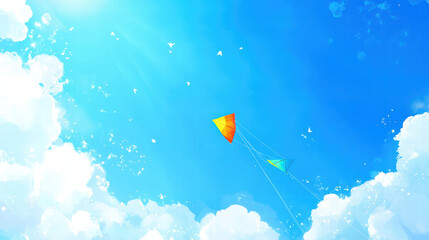 Colorful kites soaring in bright blue sky filled with fluffy clouds and birds, creating joyful and serene atmosphere