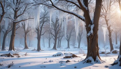 Snowy forest with bare trees and icicles hanging from branches, peaceful scene, natural beauty, winter wonderland