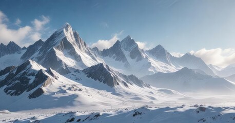 Obraz premium Snowy mountains with icy peaks stretching towards the sky and covered in a thick layer of fresh snowflakes, snowy mountains, snowy trees