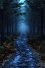 Naklejka premium Dark Forest Path Leading into Misty Light