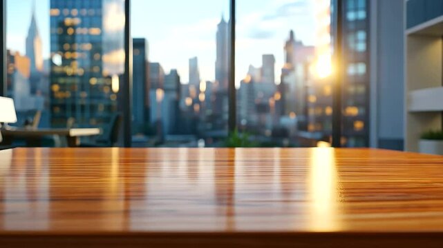 Elegant wooden desk set against a stunning urban skyline backdrop.