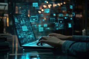 Digital Data Streams Flowing on Laptop Screen at Night