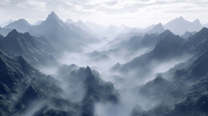 Naklejka premium Misty mountain range aerial view, valley fog, scenic landscape, travel poster