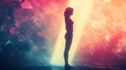 Silhouette of a figure against a vibrant abstract background with light and colors. Generative AI