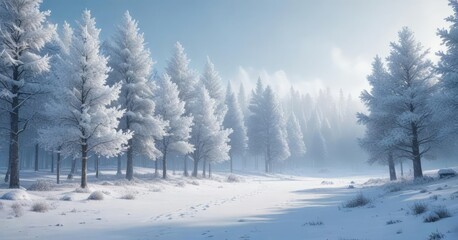 Fototapeta premium Soft blue background with snow-covered trees and misty atmosphere , natural beauty, wintery scene, cozy atmosphere