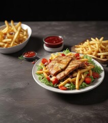 The finished dish with a side of fries or salad, lunch, fries, food