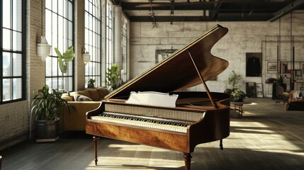 Elegant grand piano placed in a bright, spacious loft with large windows and modern decor. Generative AI