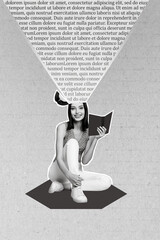 Vertical collage picture of black white gamma positive girl hold book opened head text page...