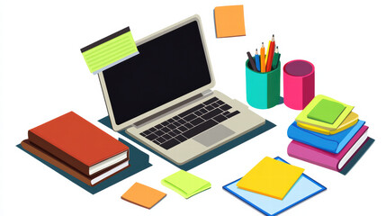 creative workspace featuring laptop, colorful sticky notes, books, and stationery items, creating organized and inspiring environment for productivity