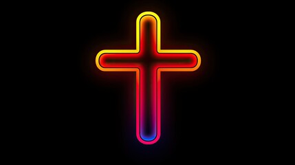 A vibrant neon cross glows brightly in the dark