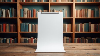 A blank notepad on a wooden table in a library building with bookshelves in the background.