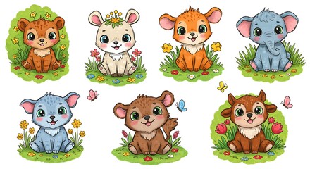 Obraz premium cute and happy fantasy baby animals in nature clipart On a white background 