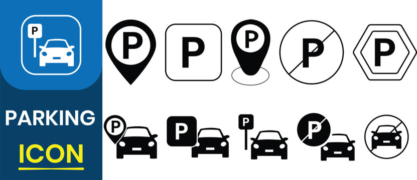 Car parking icon set. Parking and traffic, map parking pointer, public parking, transparent. Location parking sign for car. Vector illustration.
