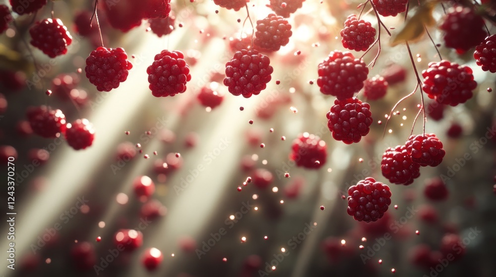 Poster ripe red raspberries hanging from branches under soft sunlight in a serene forest setting. generativ