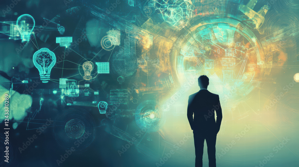 Aufkleber person standing in front of digital interface with glowing light bulbs and data visualizations, symb