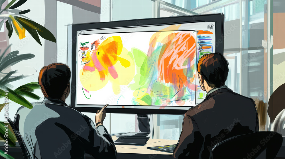Poster digital brainstorming session with virtual whiteboard showcasing colorful sketches and ideas. two pr