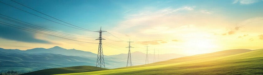 A serene landscape with power lines against a vibrant sunset, showcasing the harmony between technology and nature. green energy and clean electric concept.
