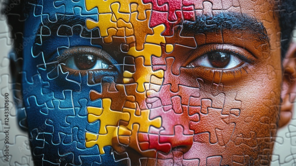 Poster colorful puzzle art representing identity and diversity through facial expression and symbolism. gen