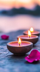 Clay Candles and Rose Petals at Sunset - Tranquil sunset scene, three clay candles illuminate rose petals, symbolizing peace, serenity, relaxation, romance, and hope.