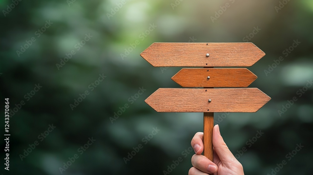Poster hand holding a wooden directional sign with three blank arrows pointing in various directions, repre