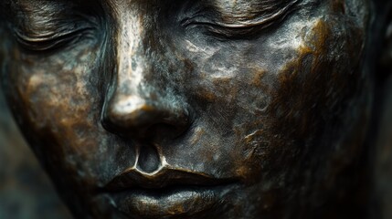 Beautiful bronze sculpture depicting serene facial features and closed eyes, showcasing artistic detail and emotion. Generative AI