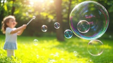 Child playing with bubbles in a sunlit park during a warm afternoon. Generative AI