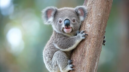 A playful koala clings to a tree trunk in a lush forest, surrounded by vibrant greenery