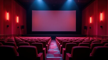 Fototapeta premium A movie theater with red seats and a large screen, illuminated by blue and red lights.