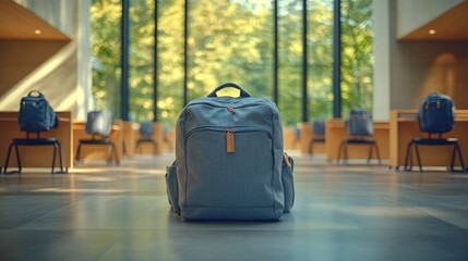 Empty backpack in modern library, sunny day