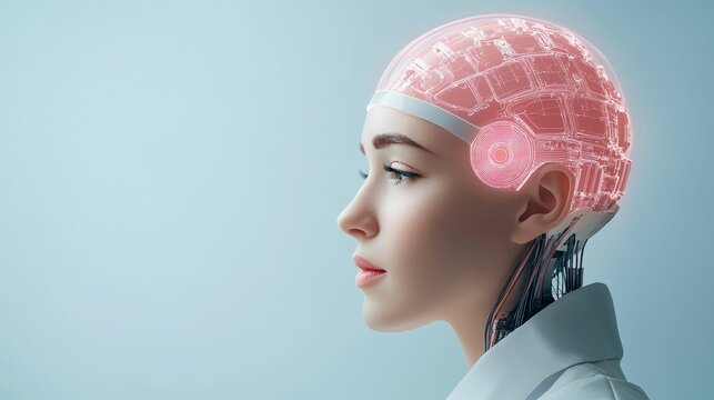 A futuristic humanoid figure with a translucent head, showcasing a glowing digital brain, symbolizes the intersection of technology and human intelligence.
