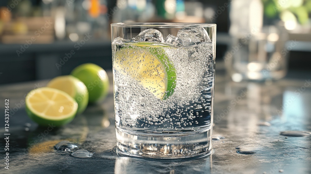 Poster refreshing cocktail with lime and ice on a marble countertop in a vibrant bar setting during summer.