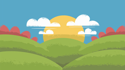 Fototapeta premium Rolling Green Hills with Sun and Clouds