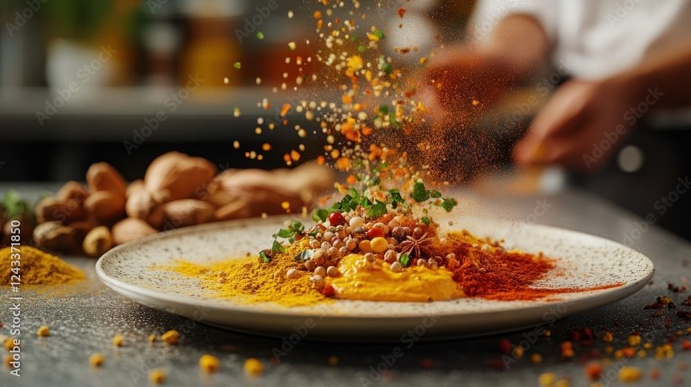 Poster chef creating a colorful spice blend on a plate with various seasonings and herbs in a kitchen setti