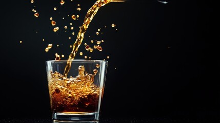 A glass filled with liquid is shown, with a stream of liquid actively pouring out, creating a dynamic visual effect.