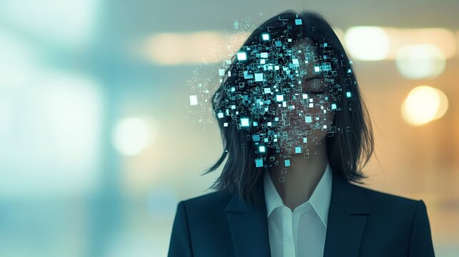 Digital squares exploding from a businesswoman's face illustrate information overload and stress in a contemporary office, symbolizing modern workplace challenges