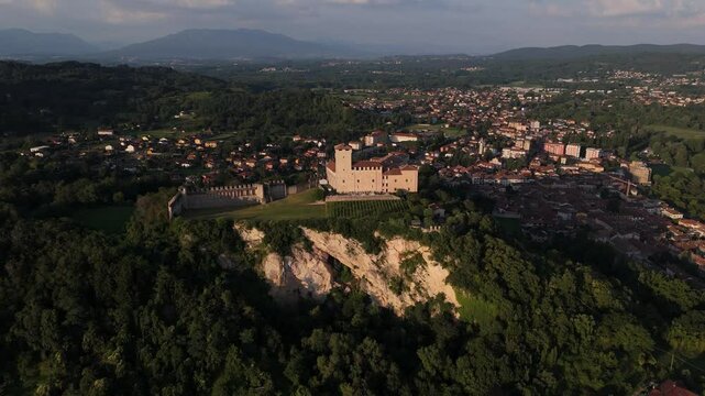 Magnificent Aerial view of the Rocca the Angera fortress, Arona Italy, Lake Maggiore.
