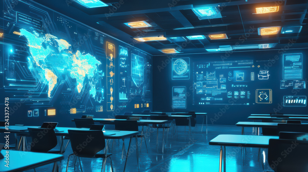 Poster futuristic smart classroom featuring advanced technology, interactive displays, and digital world ma